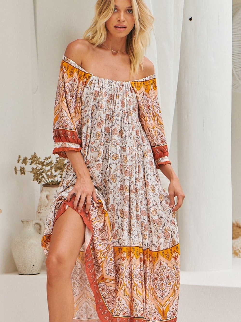 Jaase Quincy Print Blossom Boho Floral Midi Dress in Rust & Mustard | Size M